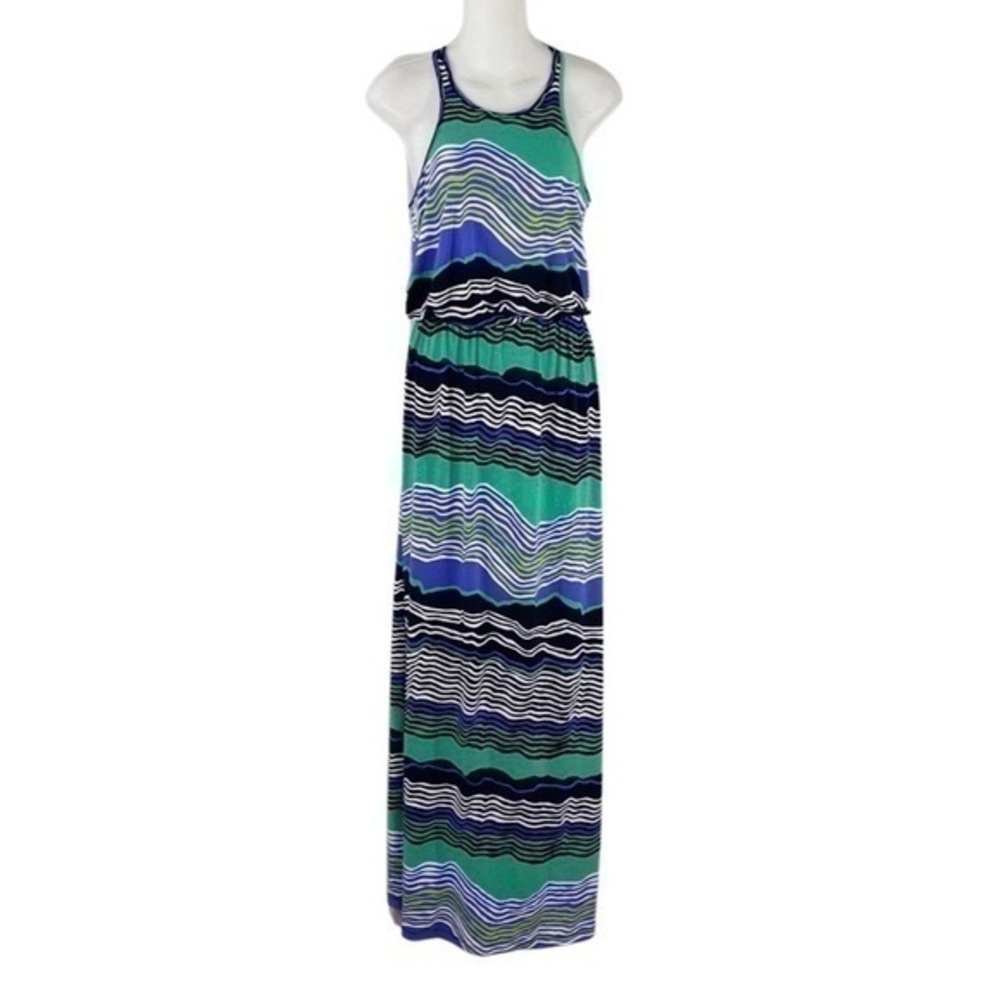 Tori Richard Honolulu blue-purple green white black stripe blouson maxi dress XS